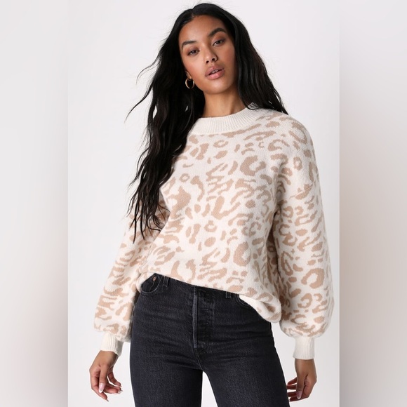 Lulus Purr-fectly Toasty Animal Print Ivory and Beige Pullover Sweater Small - Picture 4 of 10